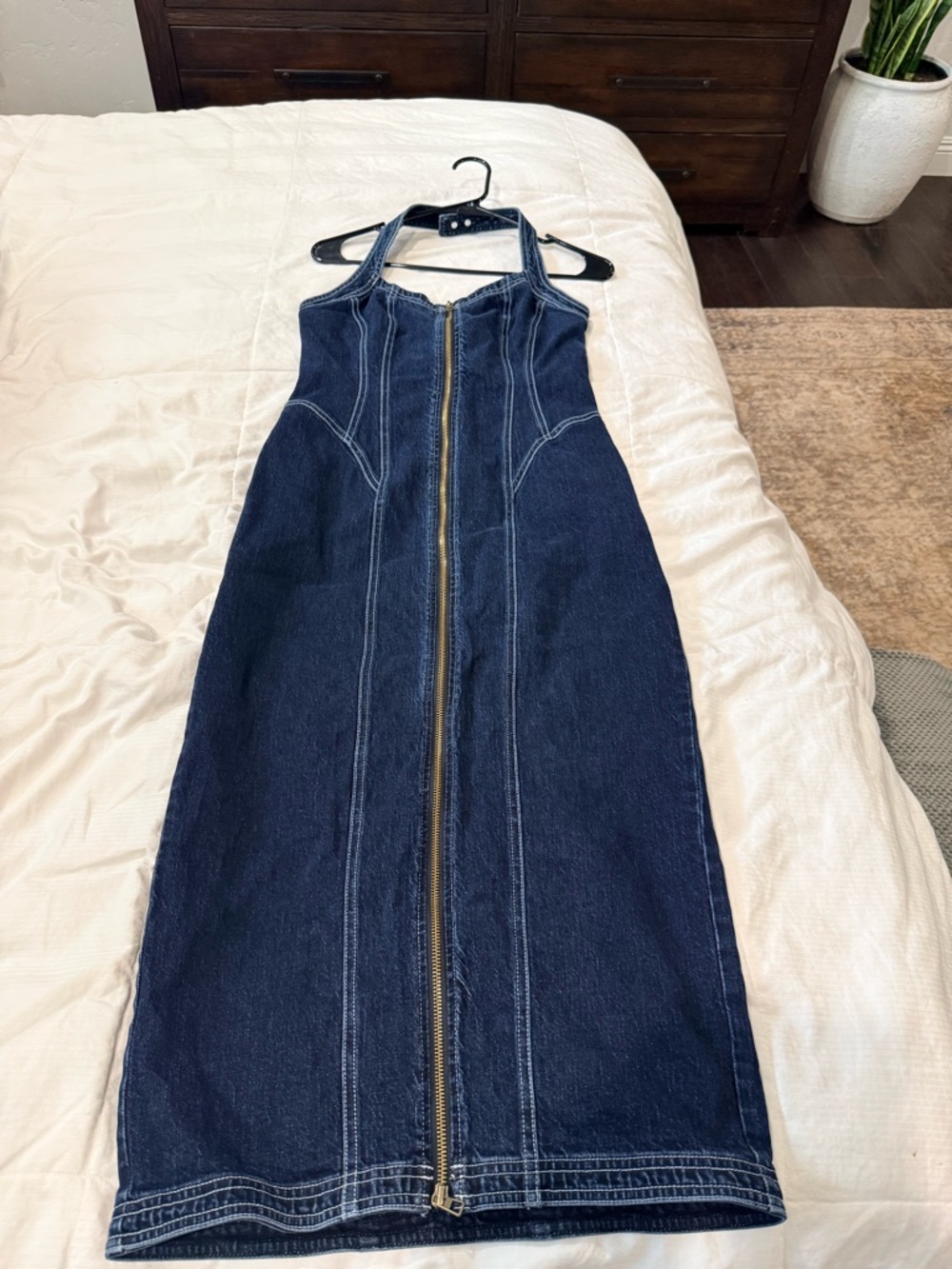 Anthropology Pilcro Dark Denim Halter Midi Dress with Front Zip